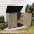 brown outdoor storage shed with lift-up top for garden equipment