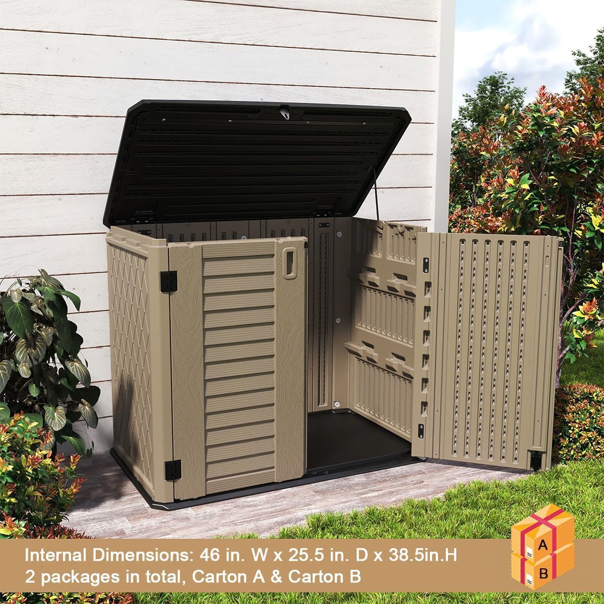brown outdoor storage shed with lift-up top for garden equipment