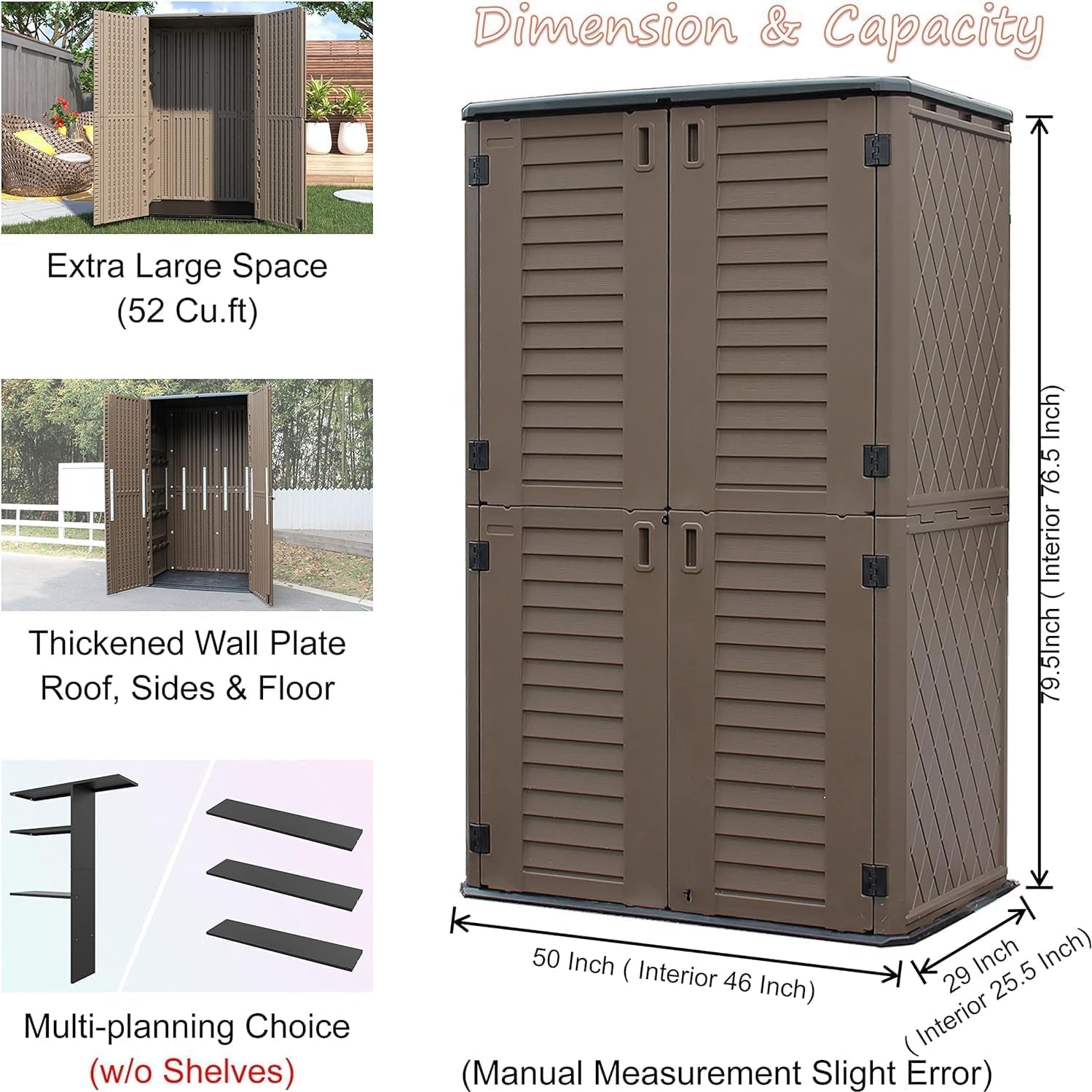 vertical resin outdoor storage shed size and cabinet dimensions