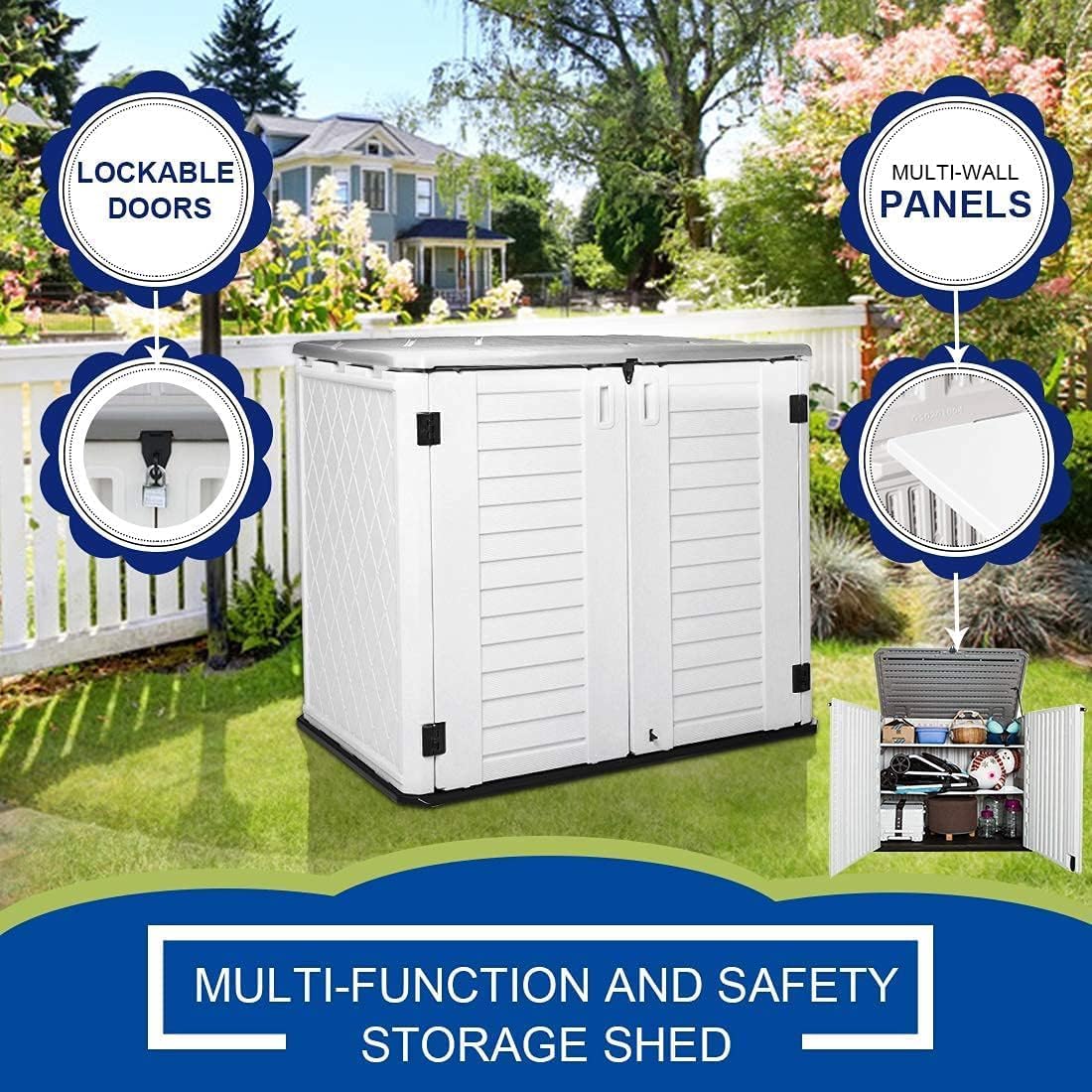 horizontal outdoor storage shed for bikes bins and garden tools