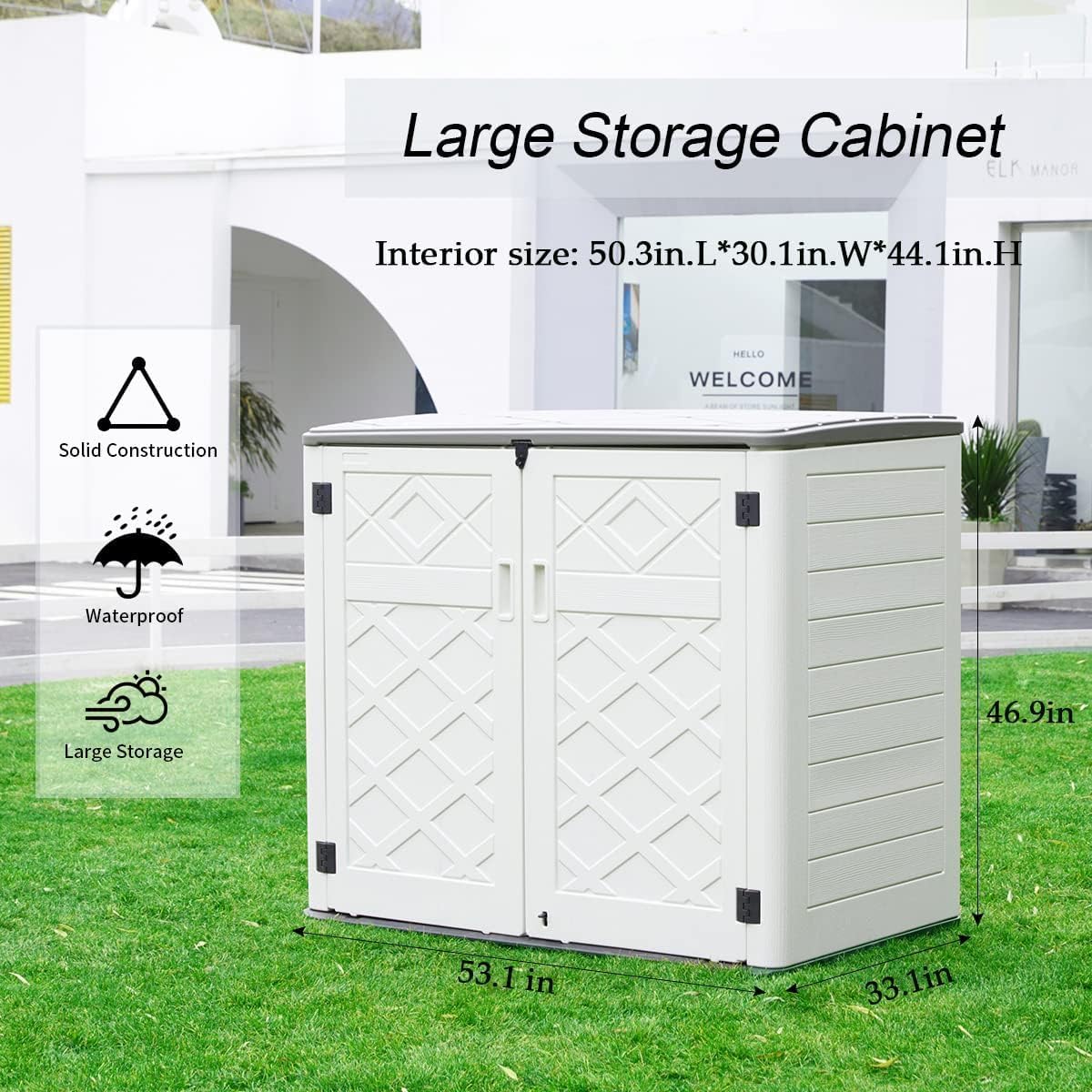 vertical outdoor storage shed with full-height space for long garden tools