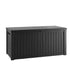 Black 230 gallon resin deck box with closed lid