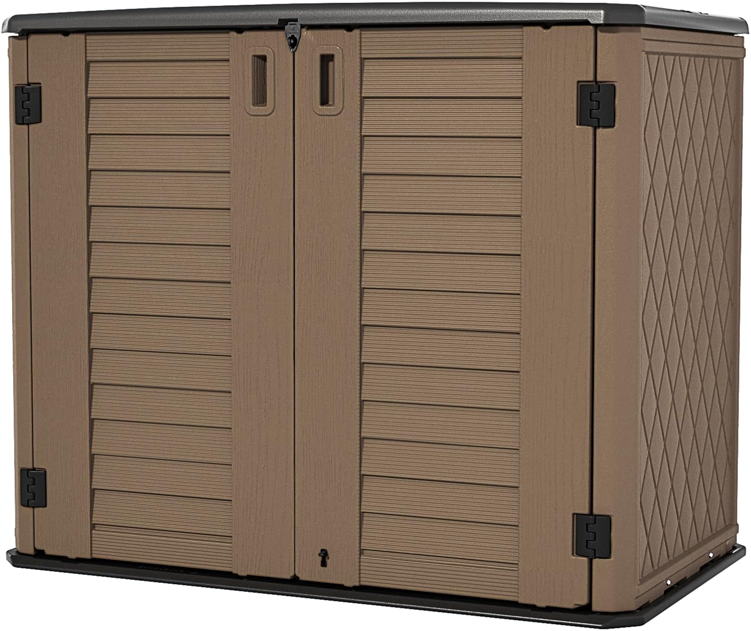 brown lawn mower storage shed with front double doors for backyard equipment