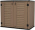 brown lawn mower storage shed with front double doors for backyard equipment