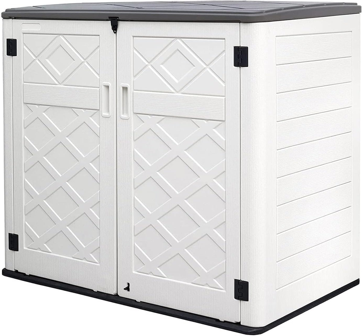 white vertical resin outdoor storage shed for compact patio storage