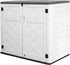 white horizontal outdoor storage shed for bulky backyard equipment
