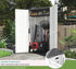 outdoor storage shed with open doors for garden tools and supplies