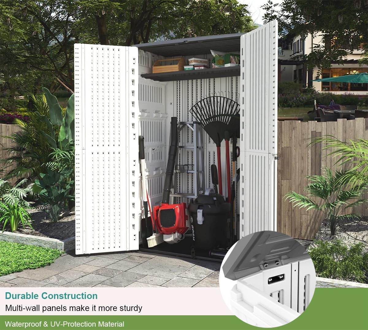 outdoor storage shed with open doors for garden tools and supplies