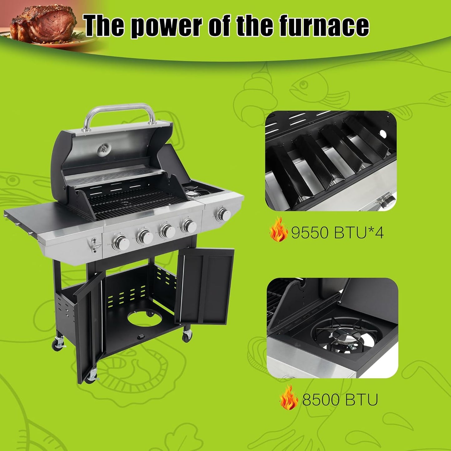 Outdoor 4-Burner Gas Grill with Side Burner stainless steel