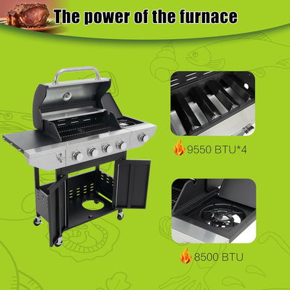 Outdoor 4-Burner Gas Grill with Side Burner stainless steel