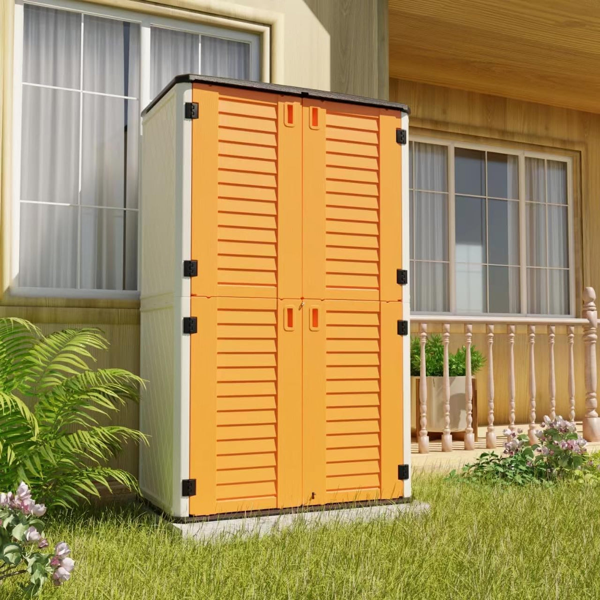 orange outdoor storage cabinet beside patio and garden area