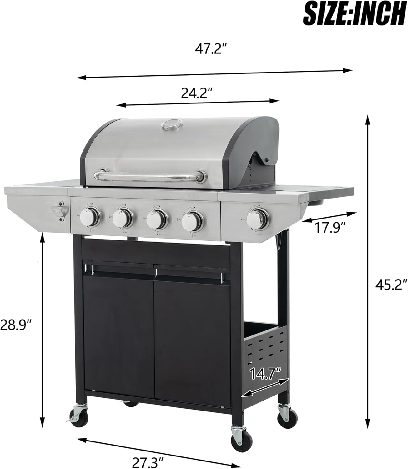 Outdoor 4-Burner Gas Grill with Side Burner stainless steel