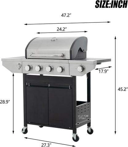 Outdoor 4-Burner Gas Grill with Side Burner stainless steel