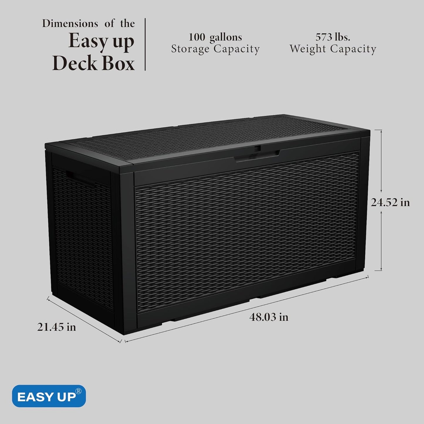 100 Gallon Outdoor Storage Box, Resin Deck Box, Waterproof , Lockable, UV-Resistant, Black