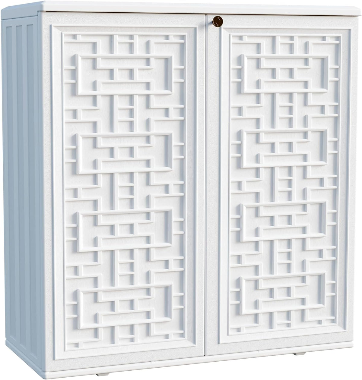 white resin outdoor storage cabinet door panel detail