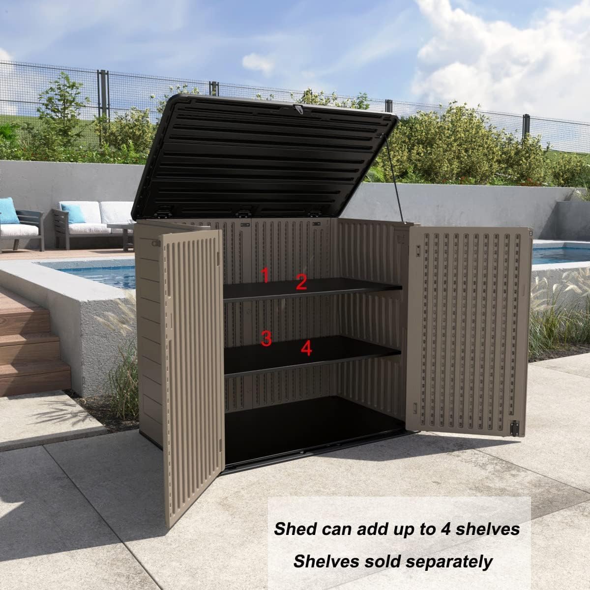 small resin storage shed with lift-top access for outdoor equipment