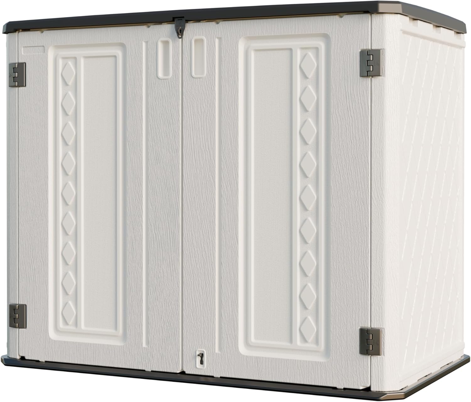 white horizontal outdoor storage shed for bikes garbage cans and garden tools