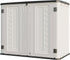 white horizontal outdoor storage shed for bikes garbage cans and garden tools