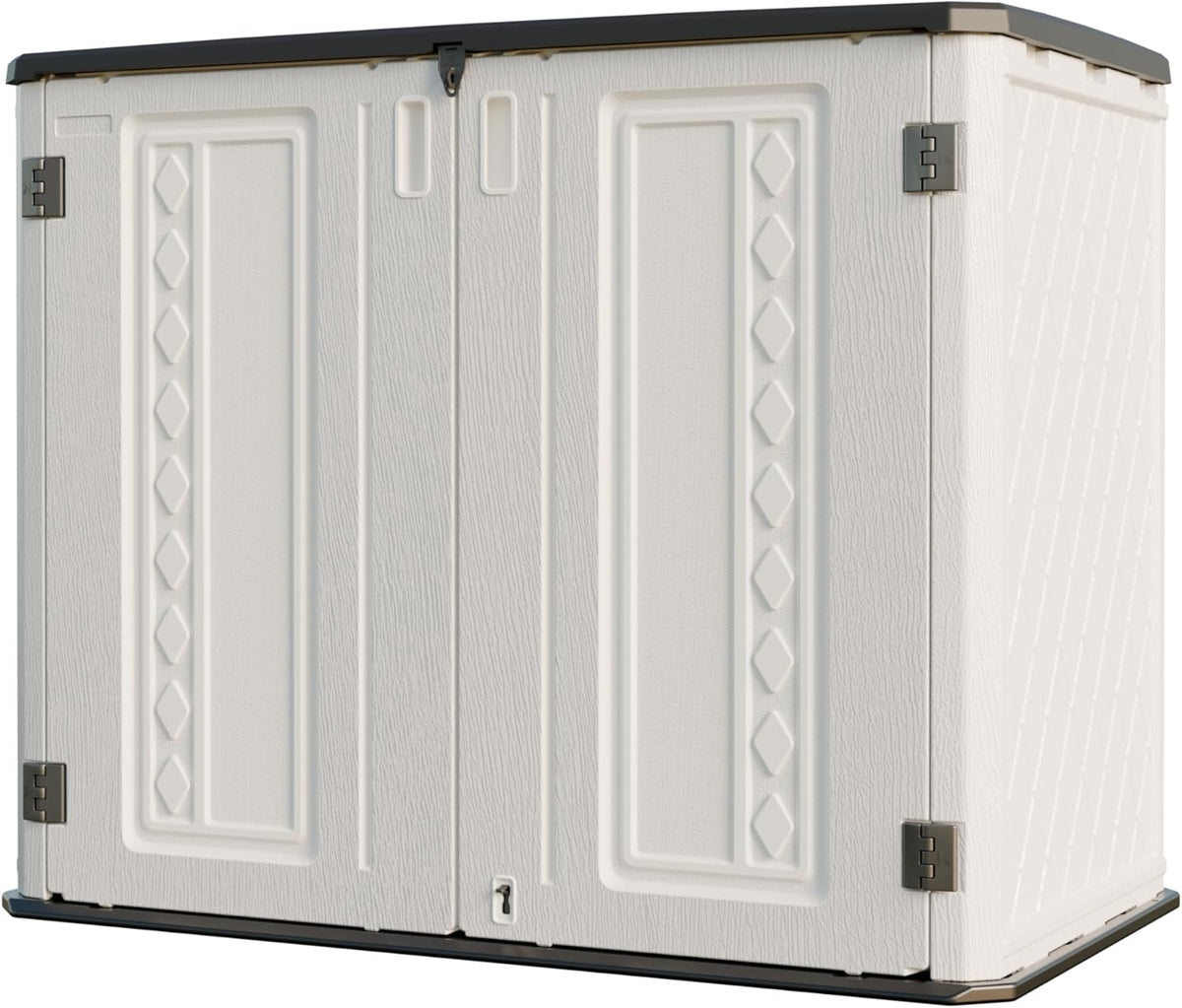 white horizontal outdoor storage shed for bikes garbage cans and garden tools