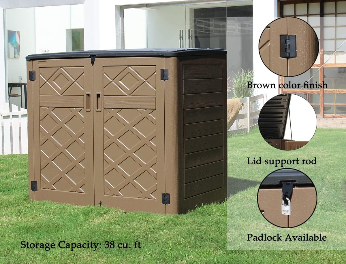 small brown resin storage shed beside patio and garden area