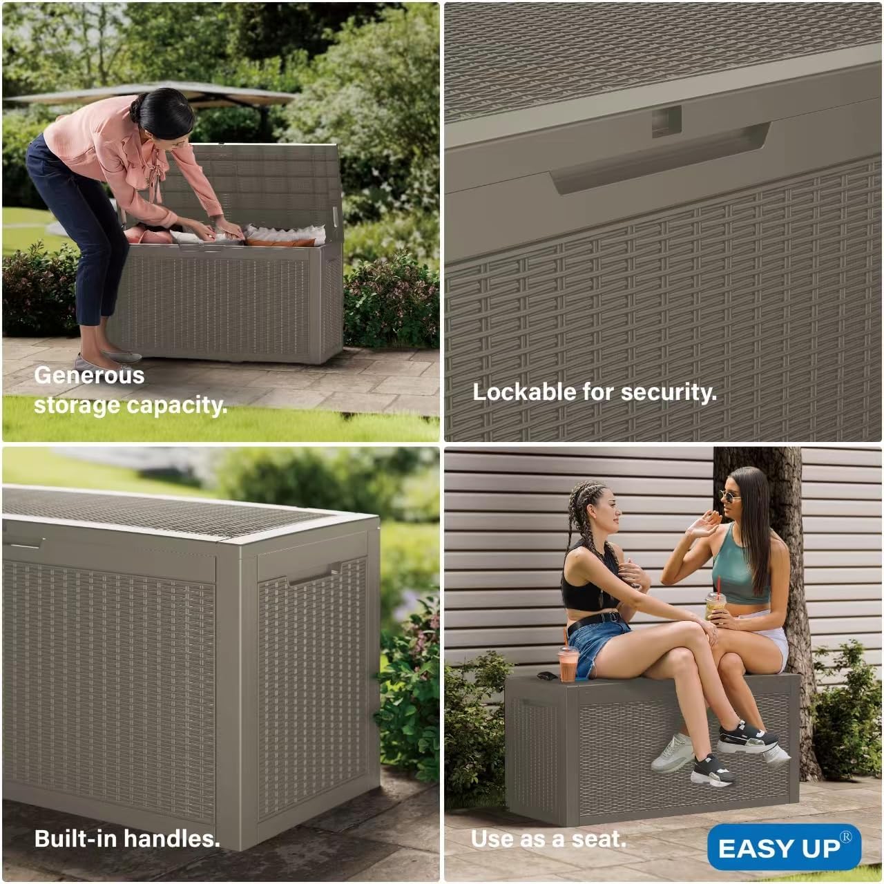 100 gallon resin deck box with built-in side handles for easy repositioning
