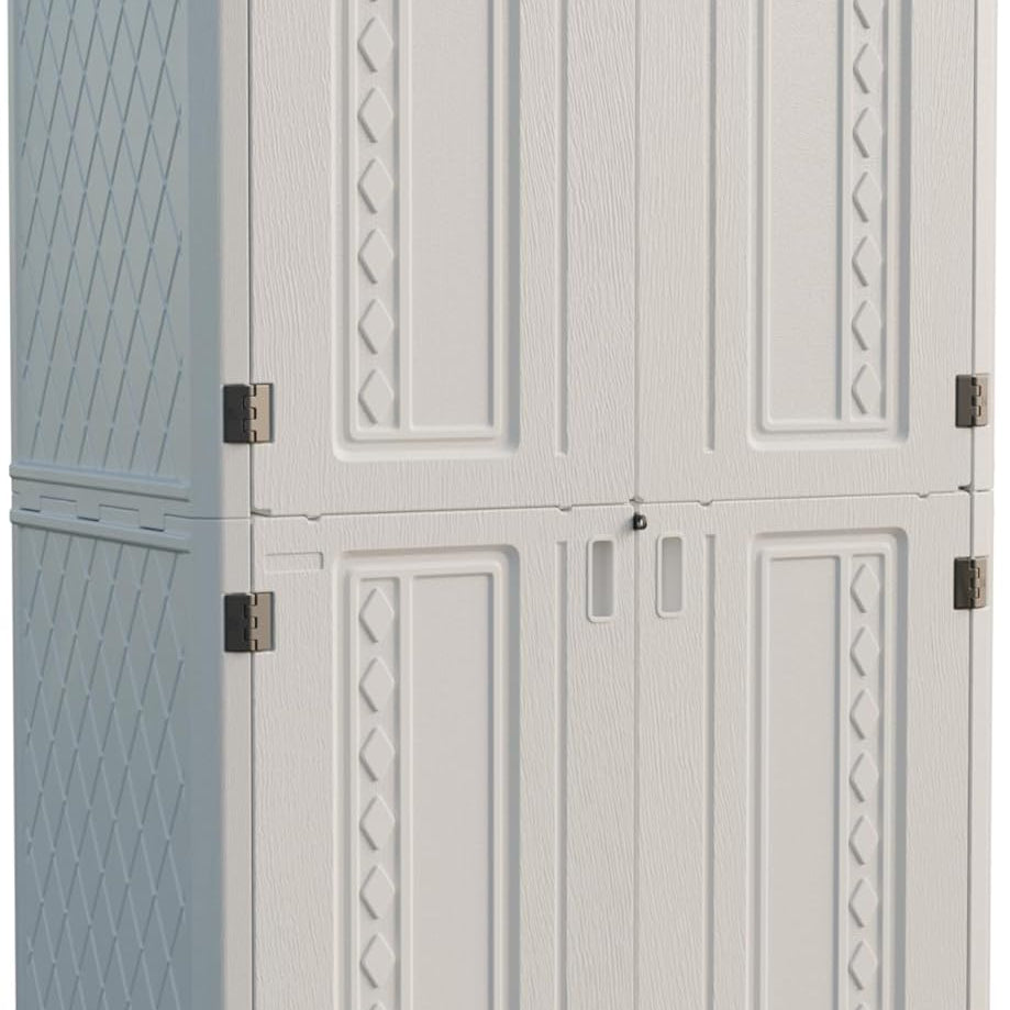 white vertical outdoor storage shed for patio and garden tools