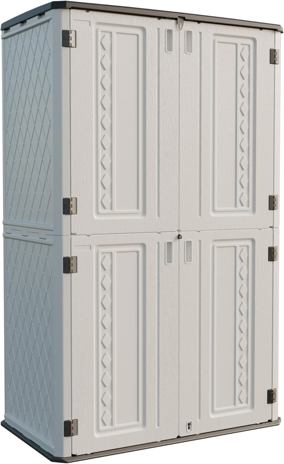 white vertical outdoor storage shed for patio and garden tools