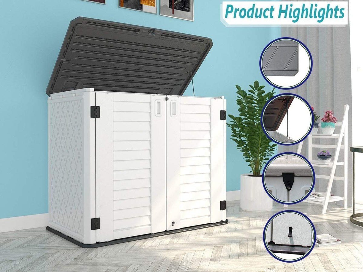 white outdoor bike storage shed for bicycles and garden equipment