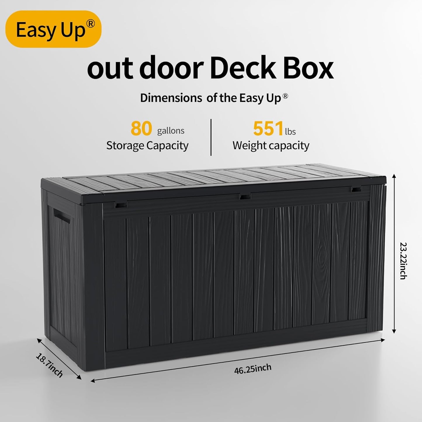 80 Gallon Outdoor Storage Box, Resin Deck Box, Waterproof , Lockable, UV-Resistant, Black