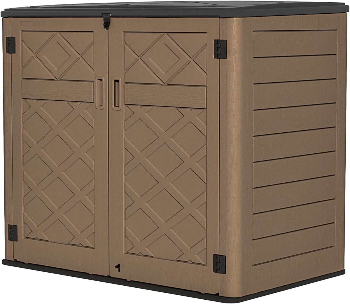 brown 35 cubic foot small resin storage shed for garden tools and outdoor gear