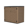 brown horizontal resin outdoor storage shed for patio equipment