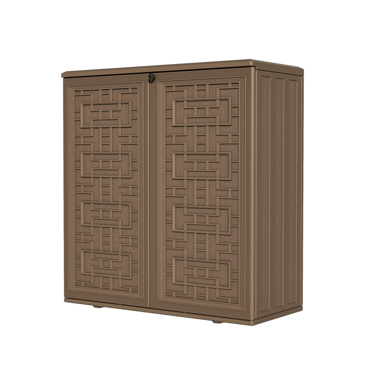 brown vertical outdoor storage shed for tools and equipment