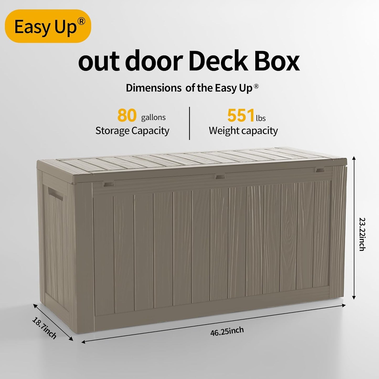 80 Gallon Outdoor Storage Box, Resin Deck Box, Waterproof , Lockable, UV-Resistant, Coffee