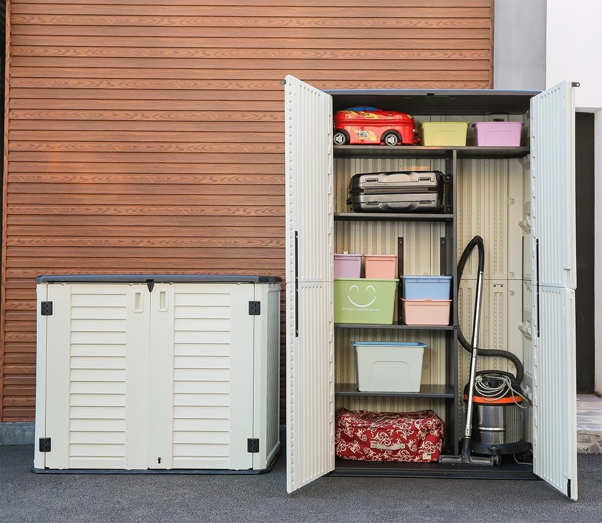 white resin outdoor storage shed for patio and backyard organization