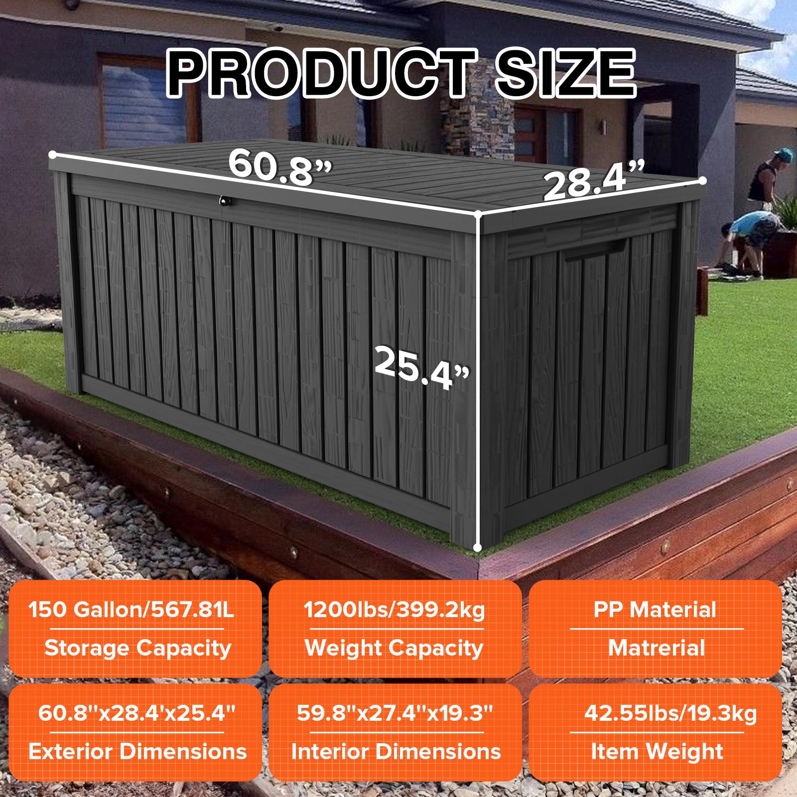 black 150 gallon resin deck box for patio and deck storage size