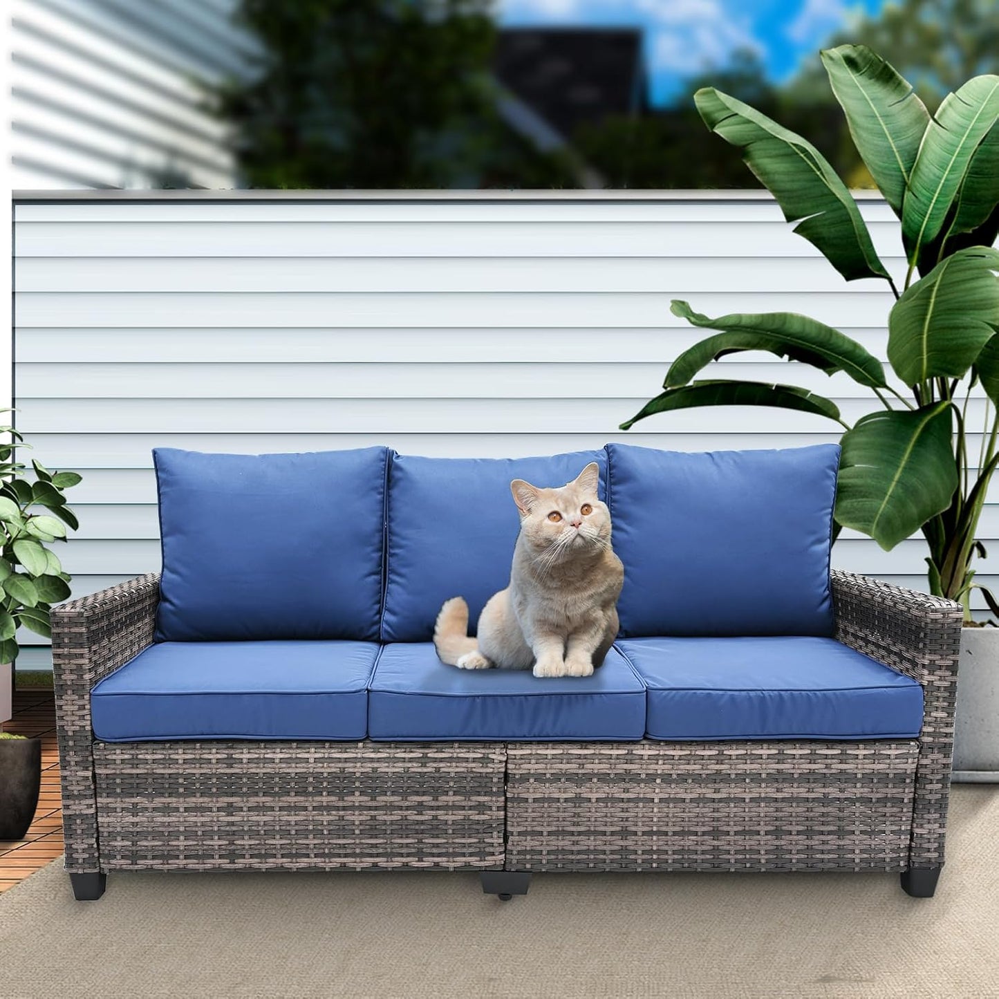 【Flash Sale】Yardgrace 3 Seats Outdoor Patio Furniture Set, Patio Sofa with High Curvy Back, All Weather Wicker Patio Couch, Premium Outdoor Sofa with Brown Wicker and Thick Cushions for Garden, Backyard, Porch