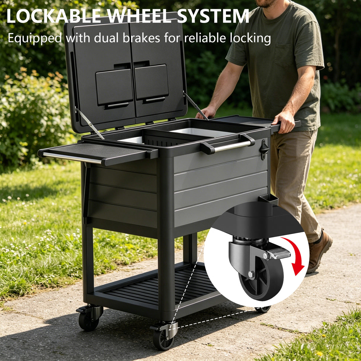 Yardgrace 104 Qt Rolling Ice Chest Cooler Cart, Outdoor Patio Beverage Bar Cart on Wheels with Foldable Shelves, Bottle Opener & Cap Catcher, Brown or Gray