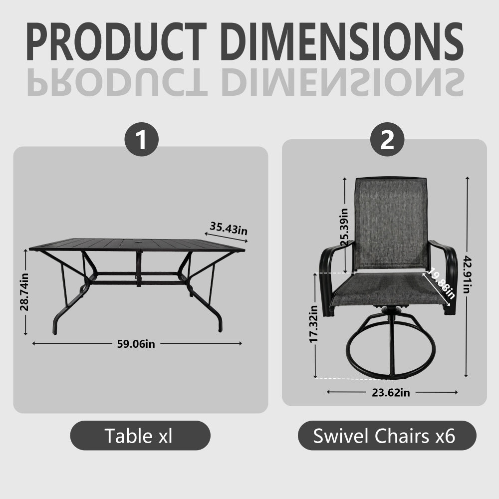 Yardgrace 7 piece patio dining set dimensions showing table size and swivel chair measurements