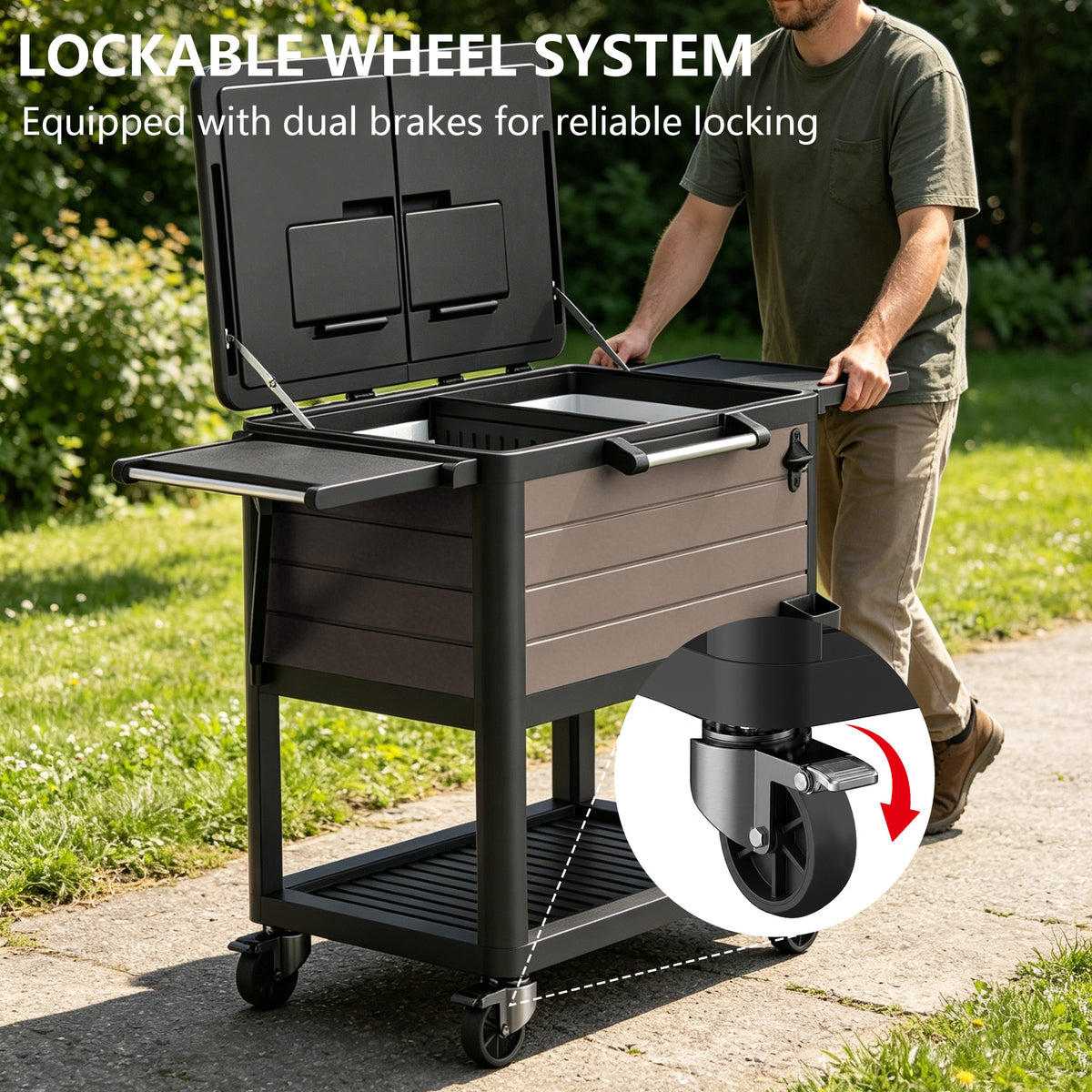 Yardgrace outdoor rolling cooler cart with lockable caster wheels for stable placement and easy mobility