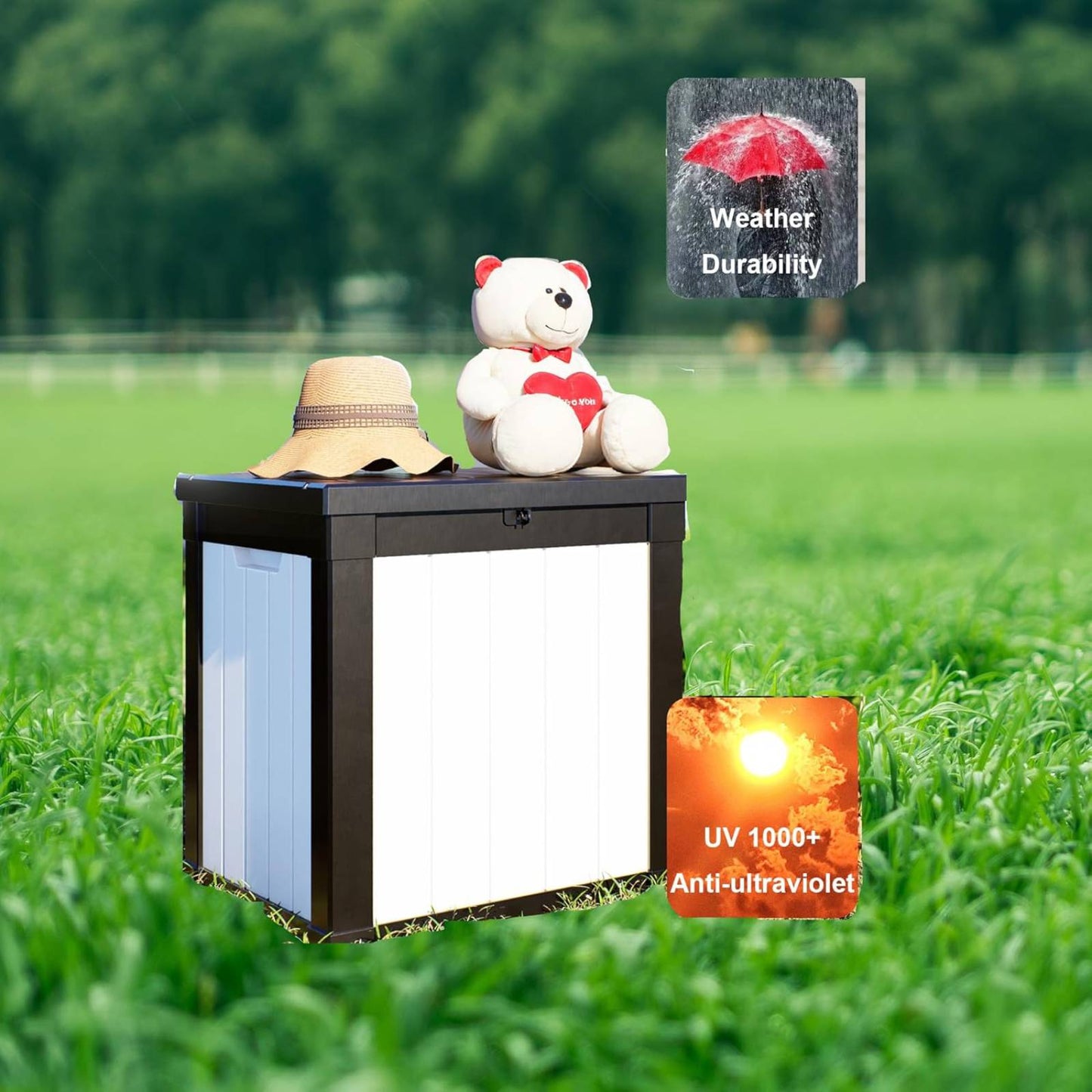 50 Gallon Outdoor Storage Box, Resin Deck Box, Waterproof , Lockable, UV-Resistant, Black & White