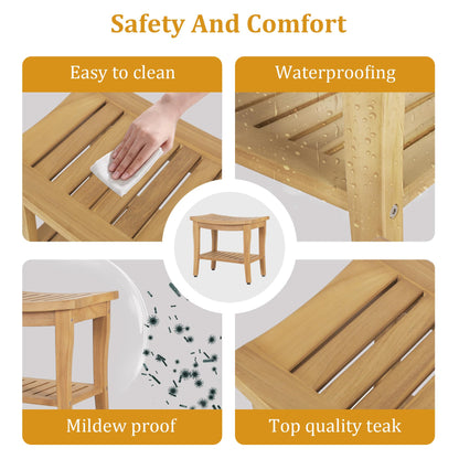 Waterproof Teak Shower Bench with Shelf & Non-Slip Feet, Heavy Duty Shower Chair for Inside Shower, Shower Stools for Seniors