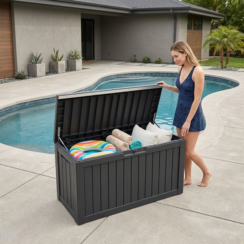 100 gallon black resin deck box with lid, outdoor storage container for patio and garden organization