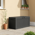 100 gallon black waterproof outdoor storage deck box with durable resin construction near pool
