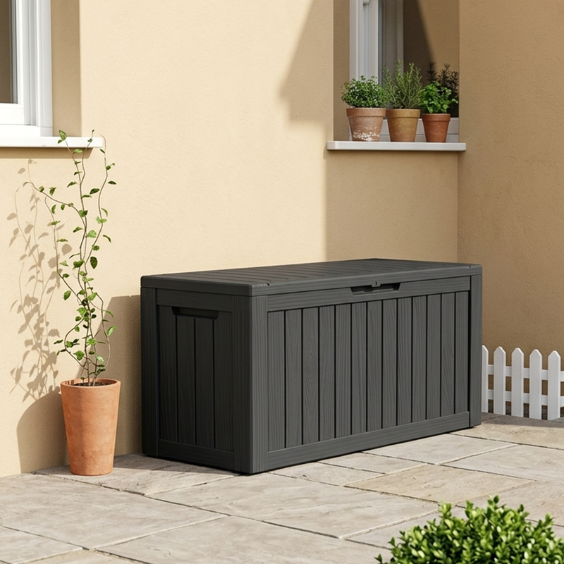 100 gallon black waterproof outdoor storage deck box with durable resin construction near pool
