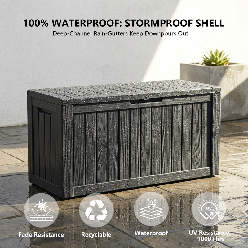 100 gallon black outdoor storage box with stormproof shell, waterproof design and weather resistance