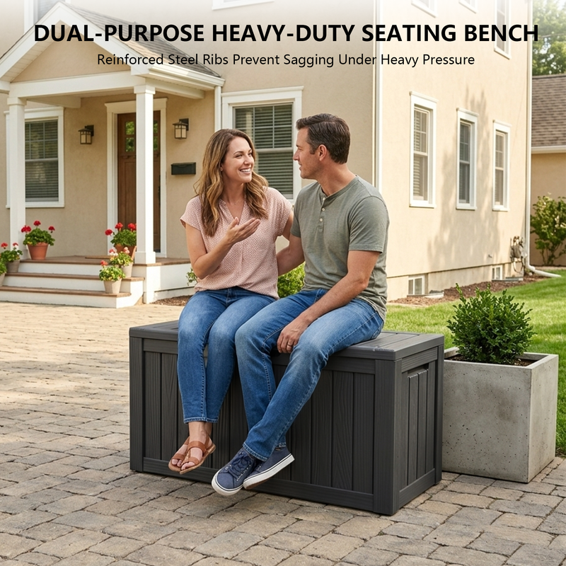 Yardgrace Outdoor Storage Box, 100 Gallon Waterproof Deck Box, Anti-Deformation Resin Organizer for Pool Mats, 660 LBS Heavy-Duty Storage Bench, Outdoor Gatherings, Black Or Light Brown