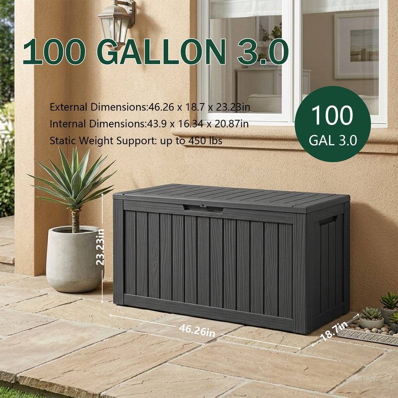 100 gallon black resin deck box dimensions with outdoor storage specification details