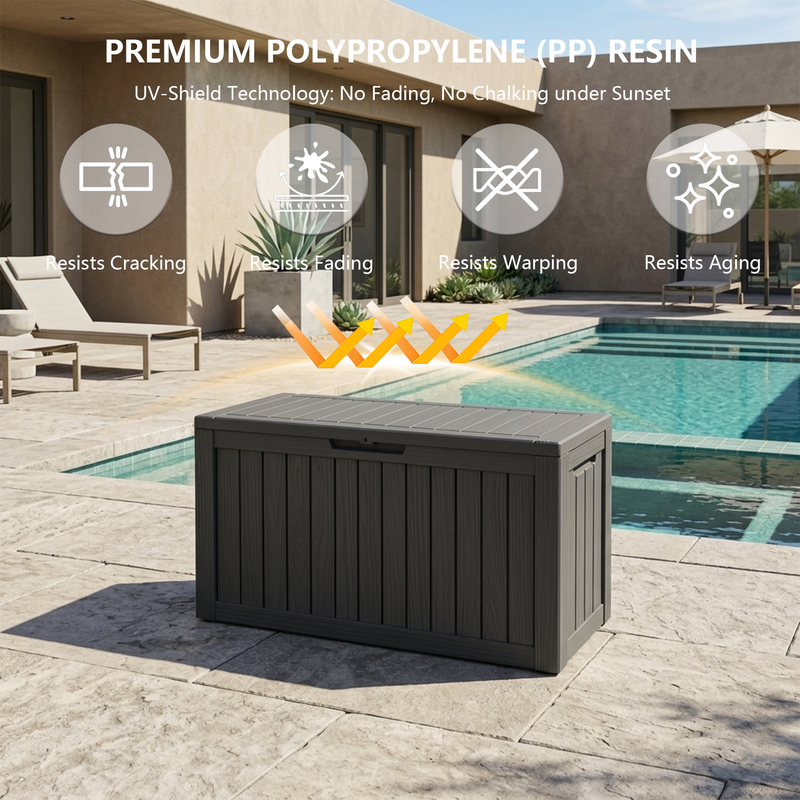100 gallon black polypropylene resin deck box with UV resistant and weatherproof design