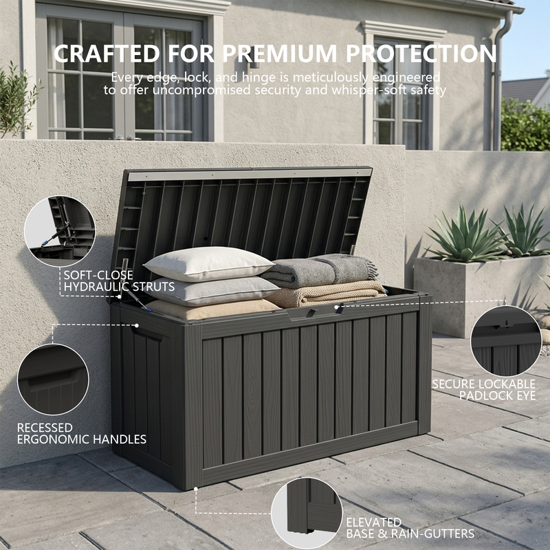 100 gallon black outdoor storage box with soft close hydraulic struts and secure lockable lid