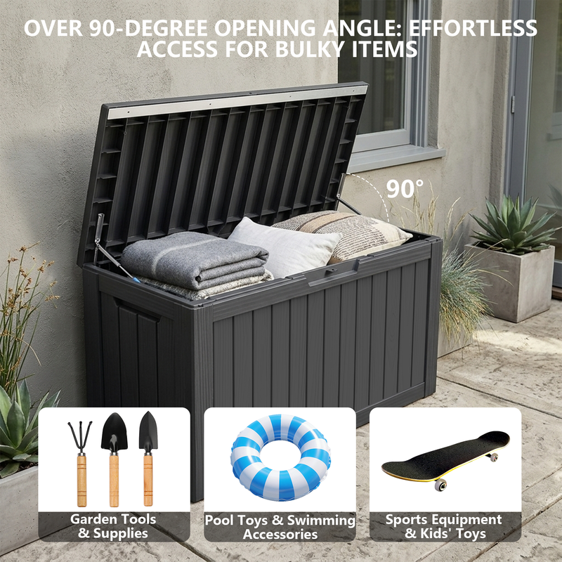 100 gallon black resin deck box with over 90 degree opening lid for garden tools and outdoor supplies